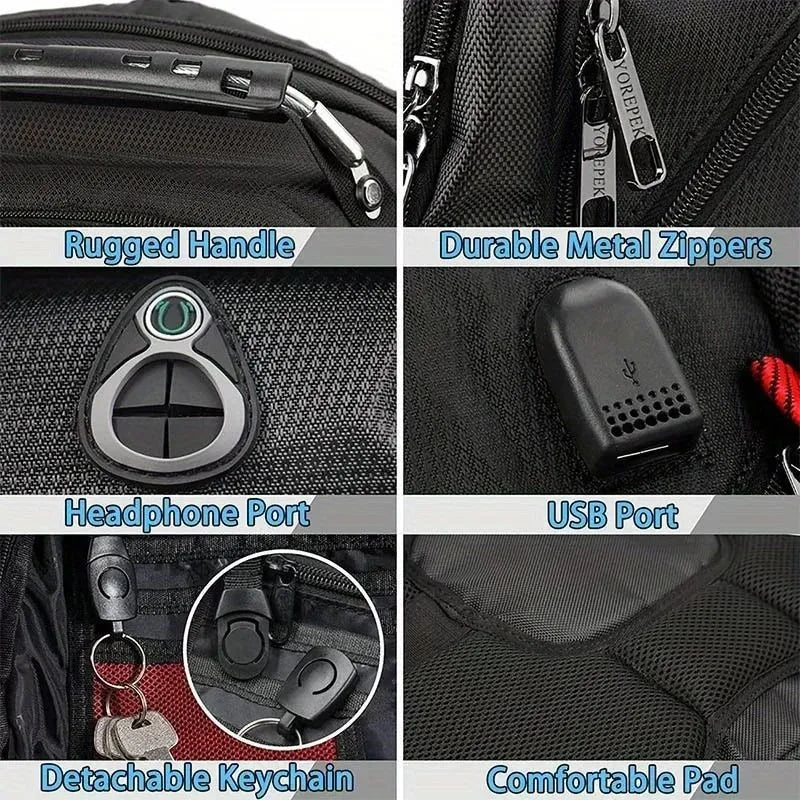 Close-up view of a black travel backpack showing features like a rugged handle, durable metal zippers, headphone port, USB po