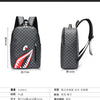 A gray plaid laptop backpack shown from the front, featuring a crocodile design and black straps.