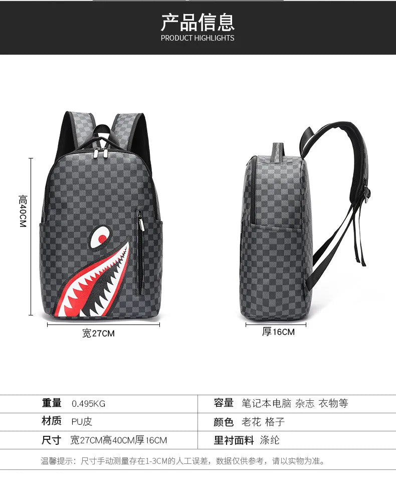 A gray plaid laptop backpack shown from the front, featuring a crocodile design and black straps.