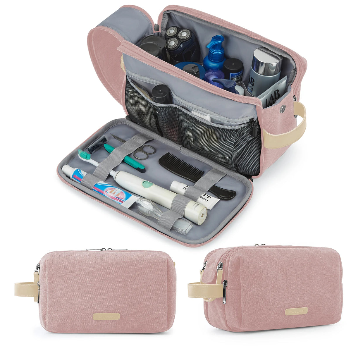 A pink toiletry bag with an open lid showing various grooming tools and cosmetics inside.
