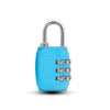 A bright blue 3-dial combination padlock with a silver shackle.