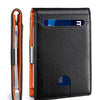 A black slim wallet with a front pocket and an RFID protection tool visible next to it.