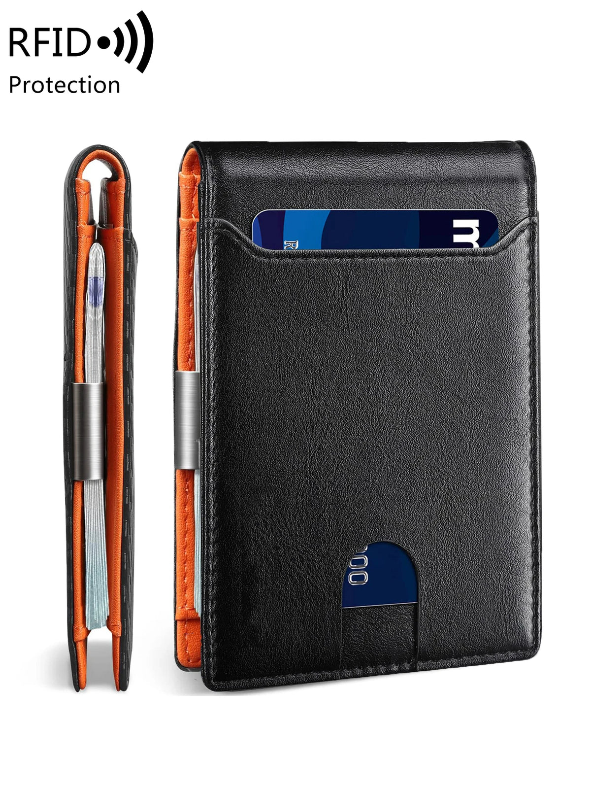 A black slim wallet with a front pocket and an RFID protection tool visible next to it.