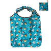 A teal nylon reusable tote bag featuring a pattern of cats and geometric shapes.
