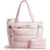 A pink quilted puffer tote bag with pockets and a matching pouch shown against a white background.