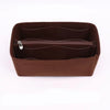 A brown felt purse organizer with internal zippered compartments.