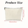Bolsa de almacenamiento rectangular beige de lona con cremallera, mostrando sus dimensiones de 9.8 x 6.7 pulgadas.