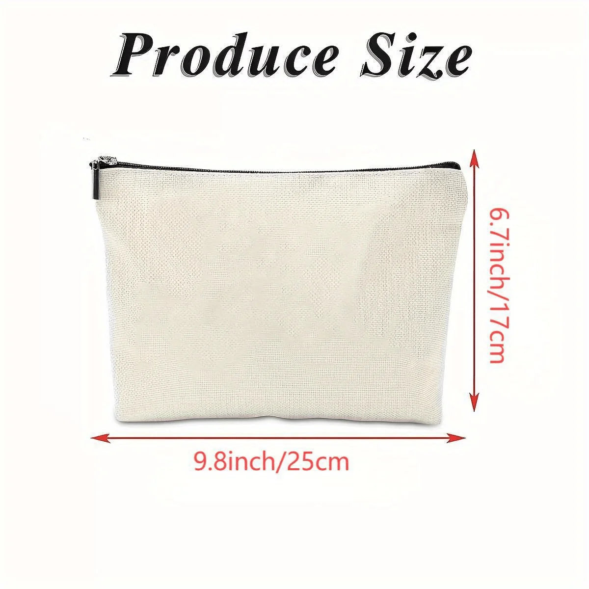 Bolsa de almacenamiento rectangular beige de lona con cremallera, mostrando sus dimensiones de 9.8 x 6.7 pulgadas.