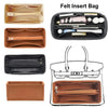 A set of felt insert bags and a large felt insert bag organizer showing various compartments for small items.