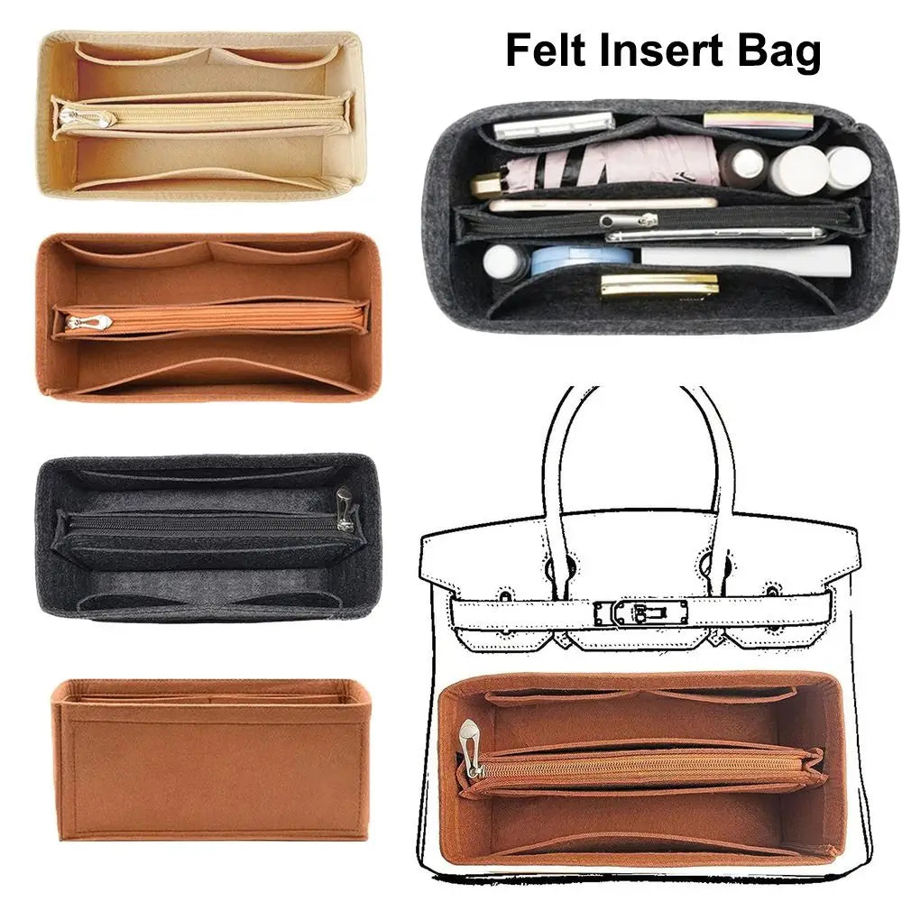 A set of felt insert bags and a large felt insert bag organizer showing various compartments for small items.