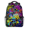 A vibrant, colorful cartoon game controller backpack featuring neon and psychedelic patterns.
