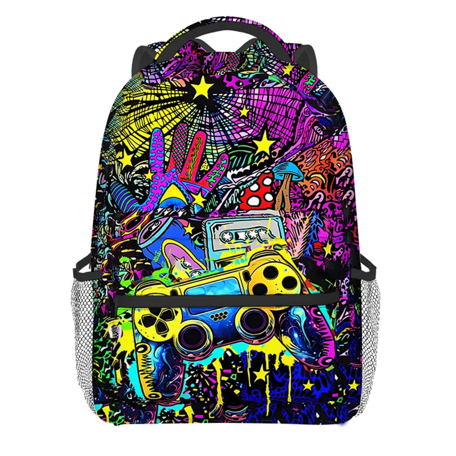 A vibrant, colorful cartoon game controller backpack featuring neon and psychedelic patterns.