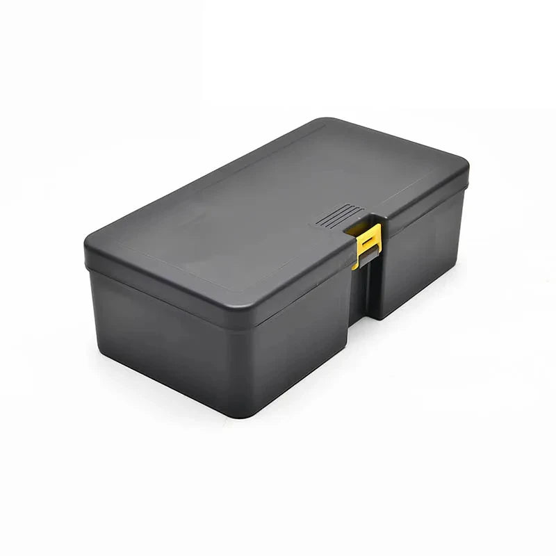 A dark gray large capacity fishing tackle box with a yellow latch is shown from above.