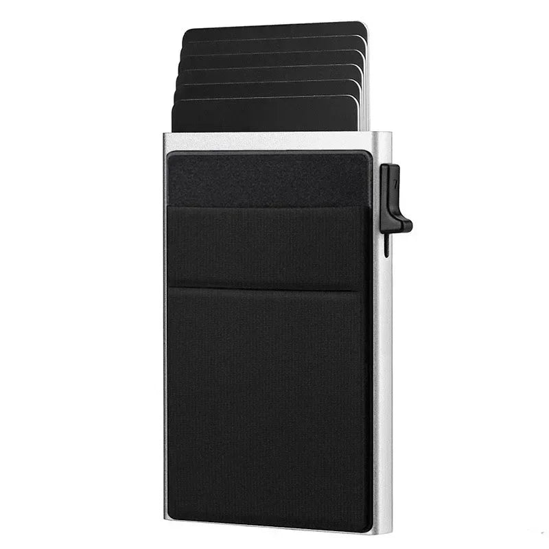 A black and silver slim metal RFID credit card holder wallet with multiple slots.
