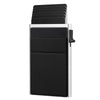 A black and silver slim metal pop-up card holder wallet with multiple card slots.