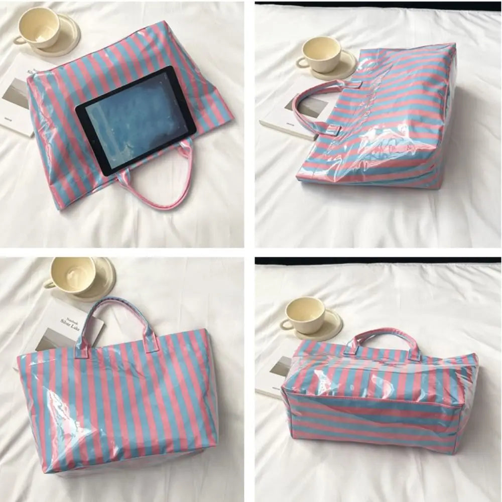 A striped transparent PVC tote bag is shown in various forms, including a flat bag and a rectangular storage case.