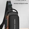 A black and brown durable oxford sling bag is shown with a strap, featuring multiple backpack modes.