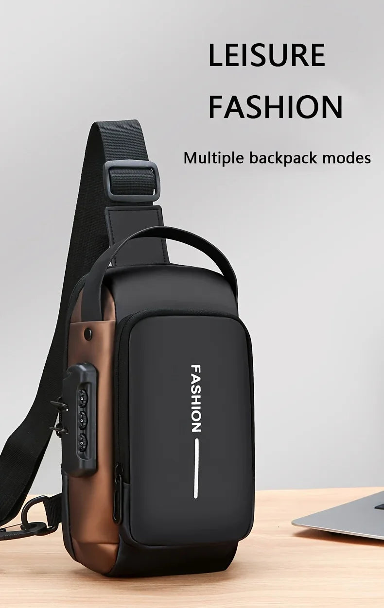 A black and brown durable oxford sling bag is shown with a strap, featuring multiple backpack modes.