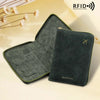 A dark green slim RFID blocking passport wallet and travel organizer with a zipper closure and leather trim.