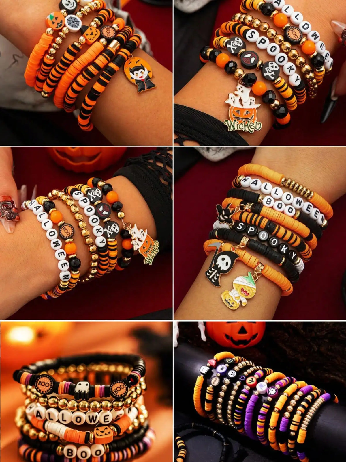 Assortment of Halloween themed polymer clay bracelets featuring spooky and seasonal designs