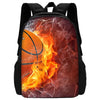 A black backpack featuring a fiery orange and red design with lightning bolts and a basketball.