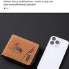 A brown leather card clip wallet is shown next to an iPhone, demonstrating its slimness compared to a mobile phone.