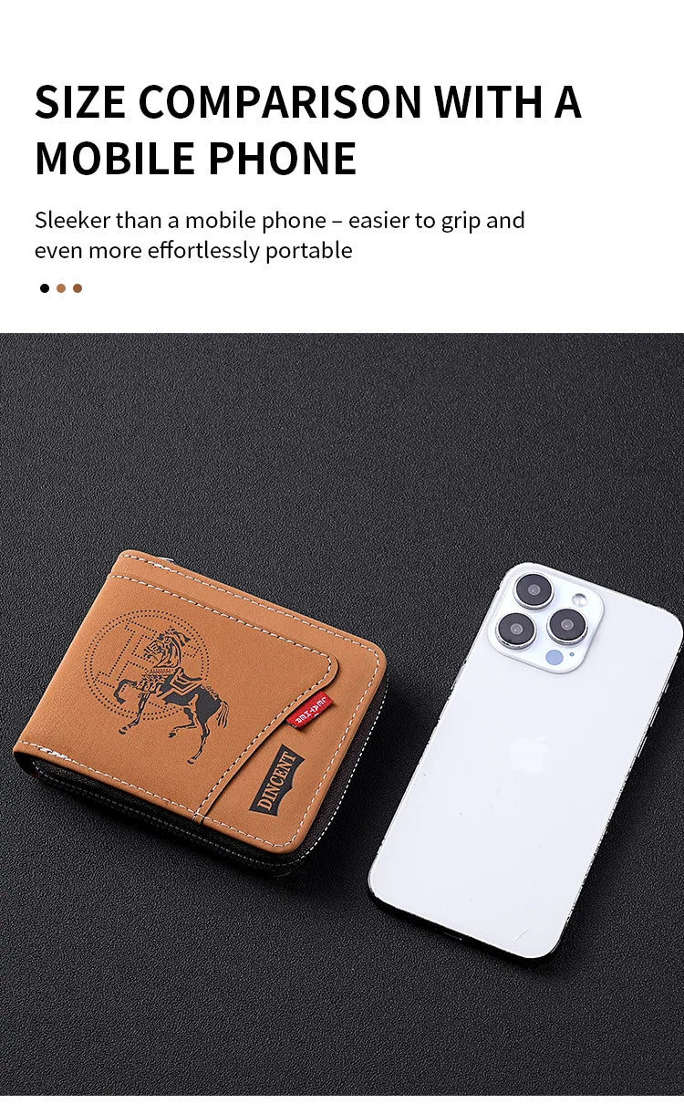 A brown leather card clip wallet is shown next to an iPhone, demonstrating its slimness compared to a mobile phone.