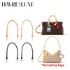 A brown leather shoulder strap is shown alongside a dark brown handbag and a tan leather pouch.