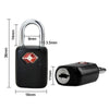 A black keyed luggage lock with a silver shackle and a small red emblem, shown in various dimensions.