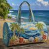 A quilted blue travel duffel bag featuring tropical leaf and seashell patterns resting on a wooden surface.
