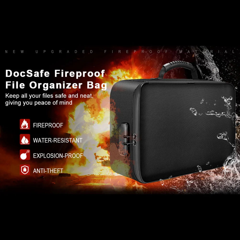 Black fireproof file organizer bag with a handle shown against an orange and smoky background.
