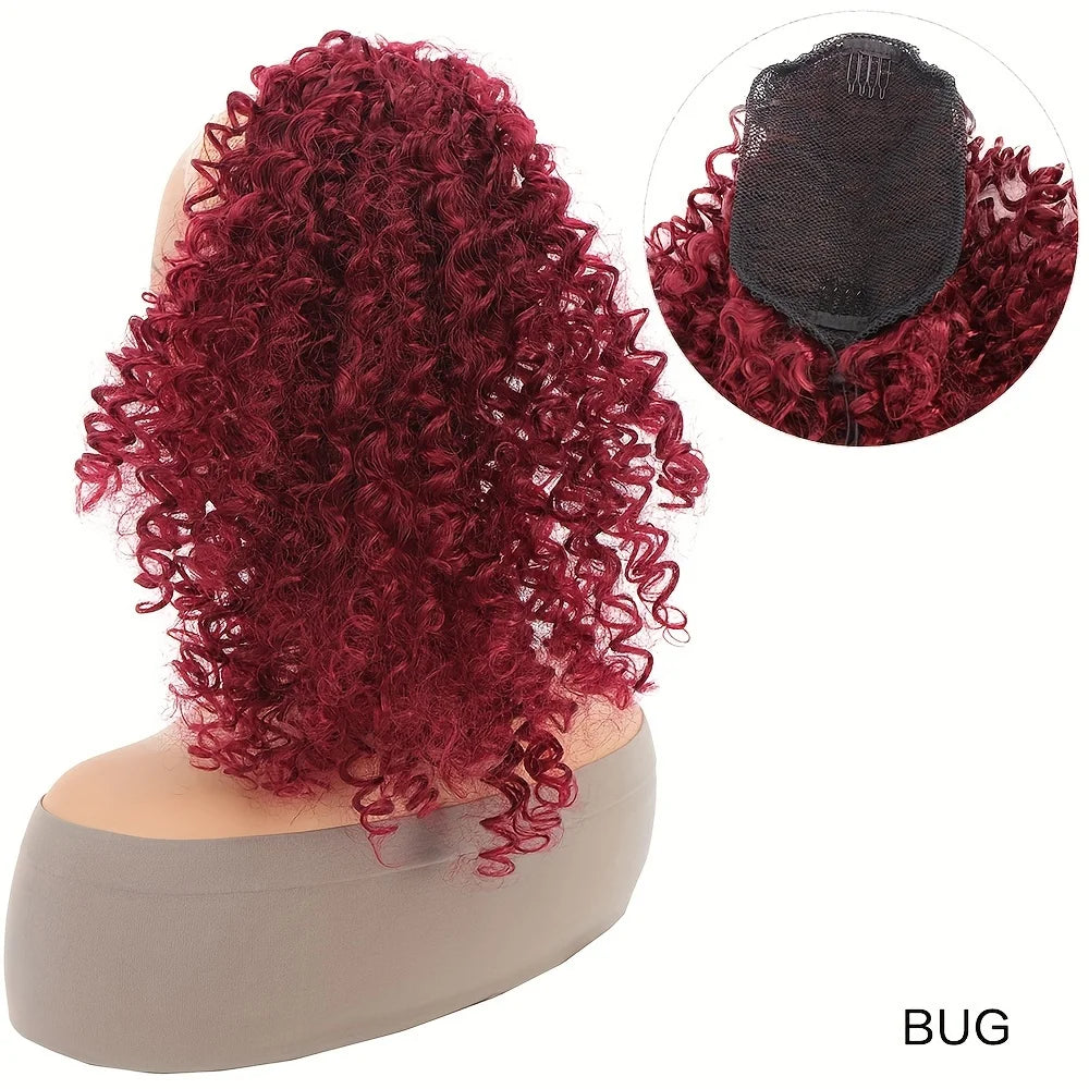 A close-up view of a deep red kinky curly hair extension with a black drawstring top.