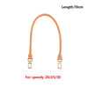 A tan leather bag strap with a hook and loop closure, measuring 70cm long.
