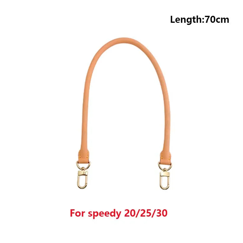 A tan leather bag strap with a hook and loop closure, measuring 70cm long.
