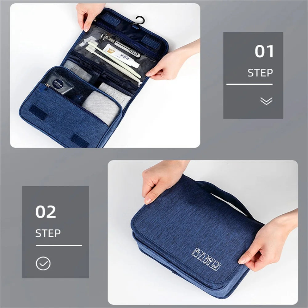 Step-by-step guide showing how to use a portable waterproof toiletry washbag with a hanging hook.