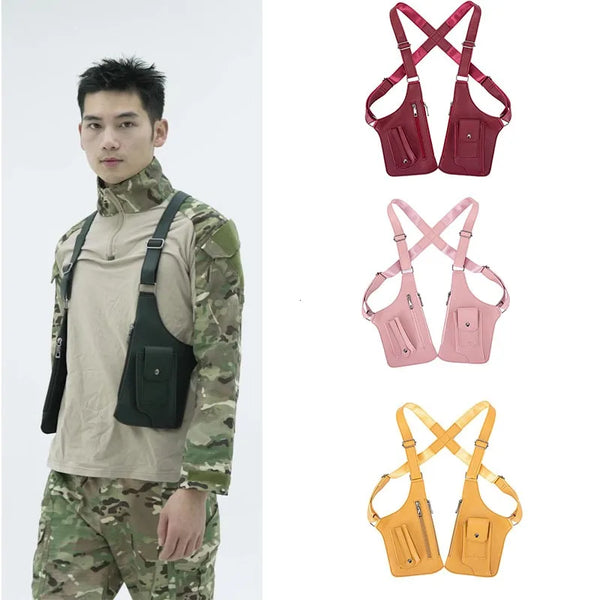 A person wearing camouflage attire is shown next to several pink and yellow PU leather double shoulder bags with wallet pocke