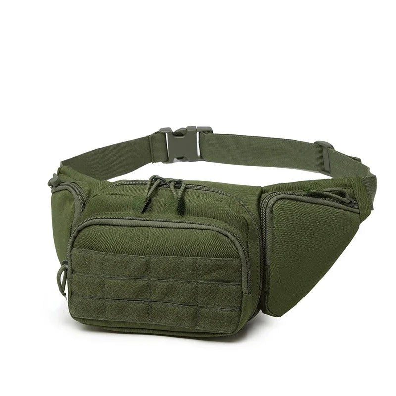 Olive green multi-compartment waist pack designed for outdoor adventures