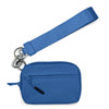 A blue multi-functional zipper coin purse wallet with a strap and attached keychain.