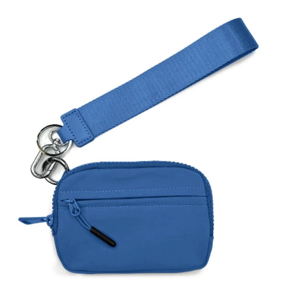 A blue multi-functional zipper coin purse wallet with a strap and attached keychain.