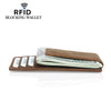 A brown leather wallet with a clear sleeve protecting cash cards and identification documents.