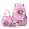 A pink and purple multi-compartment backpack set featuring characters on the front for school or travel.