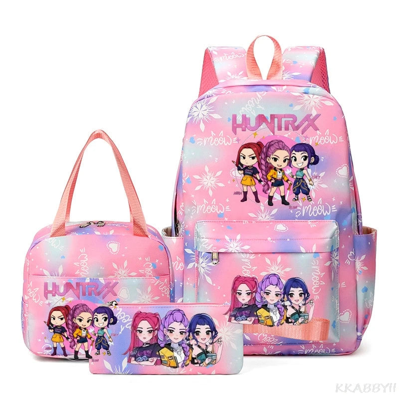 A pink and purple multi-compartment backpack set featuring characters on the front for school or travel.