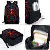 A black backpack featuring a red spider design, shown with an interior view and a separate storage pouch.