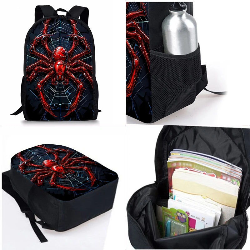 A black backpack featuring a red spider design, shown with an interior view and a separate storage pouch.