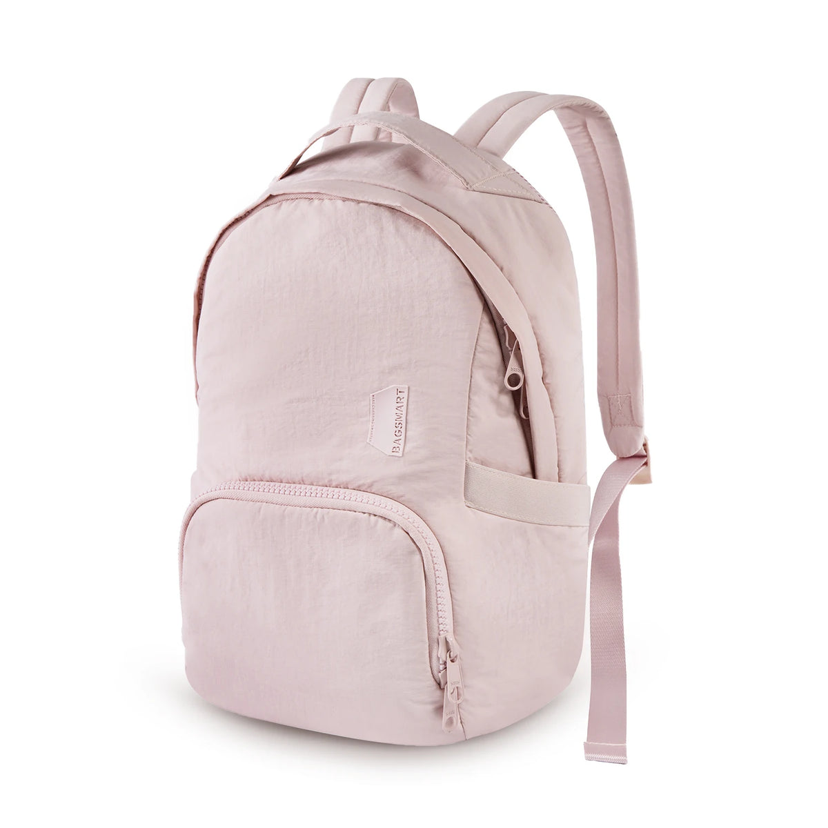 A light pink waterproof anti-theft laptop backpack with a shoulder strap and a front pocket.