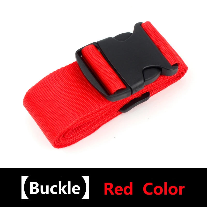 Red luggage identification strap with a black buckle