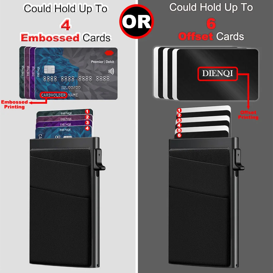 A black card holder displaying embossed and offset printing options for RFID blocking cards.