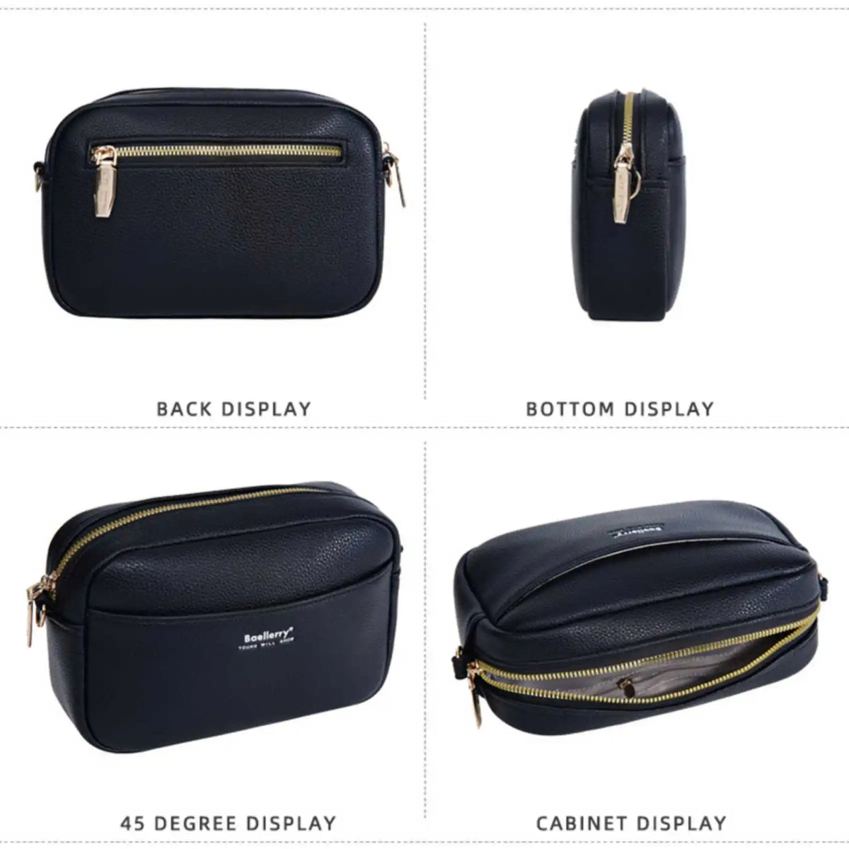 A black chic zipper shoulder bag shown in various display angles including back, bottom, 45 degree, and cabinet views.