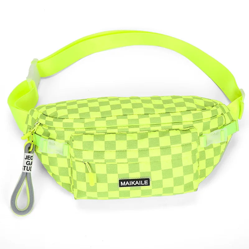 Neon yellow plaid crossbody chest bag with adjustable strap