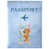 Light blue passport card holder featuring a vintage letter print of a teddy bear.